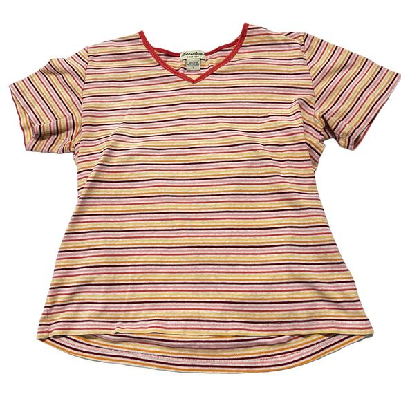 Vintage Eddie Bauer Tee Shirt L Red Pink Yellow Orange Short Sleeve V Neck Y2K - Picture 1 of 7
